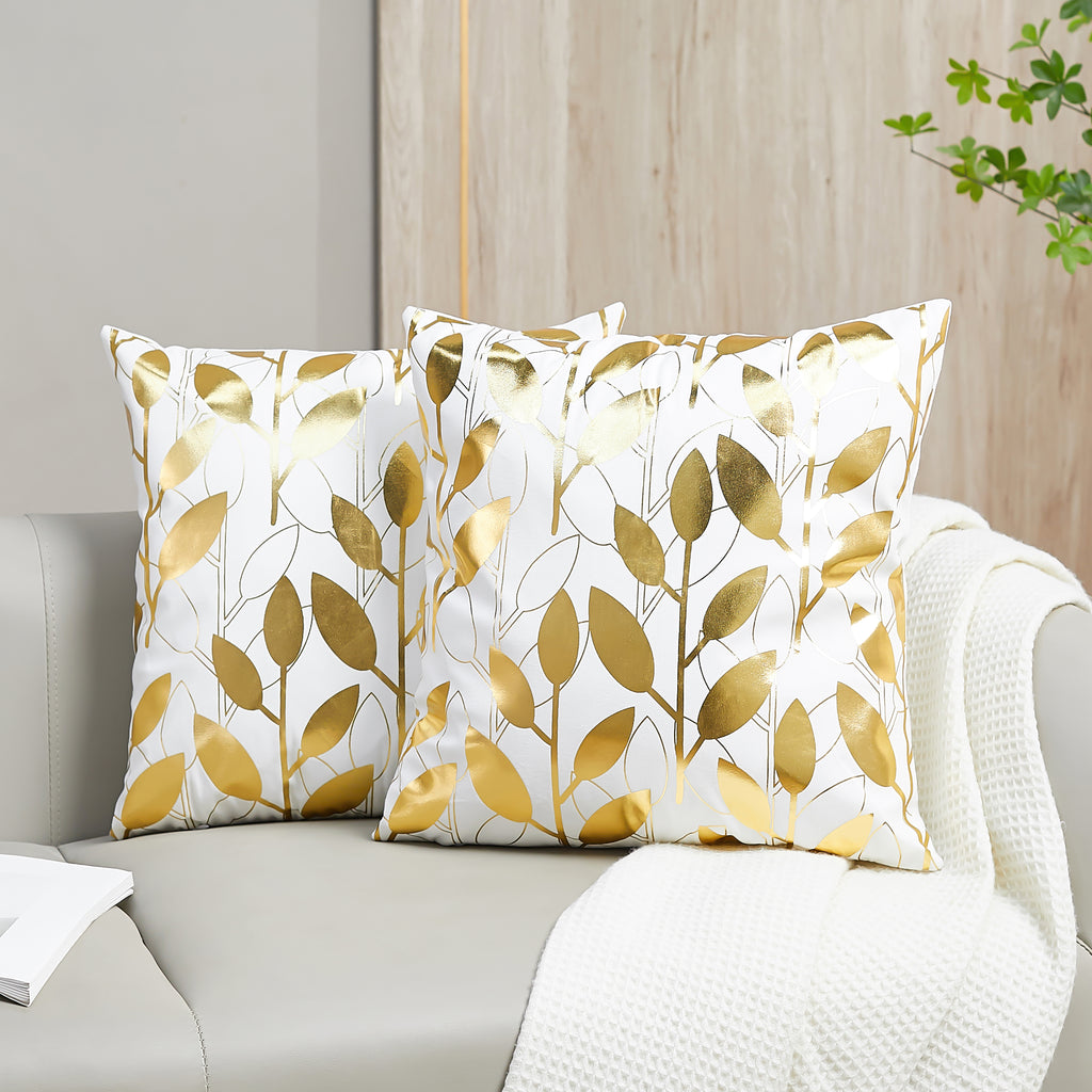 Gold Stamping Leaves Decorative Cushion Covers - Pack of 2 Pillowcases - 18 x 18 Inches