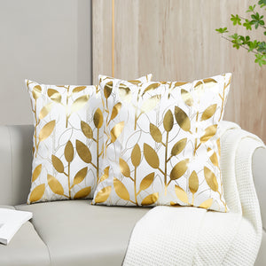 Gold Stamping Leaves Decorative Cushion Covers - Pack of 2 Pillowcases - 18 x 18 Inches