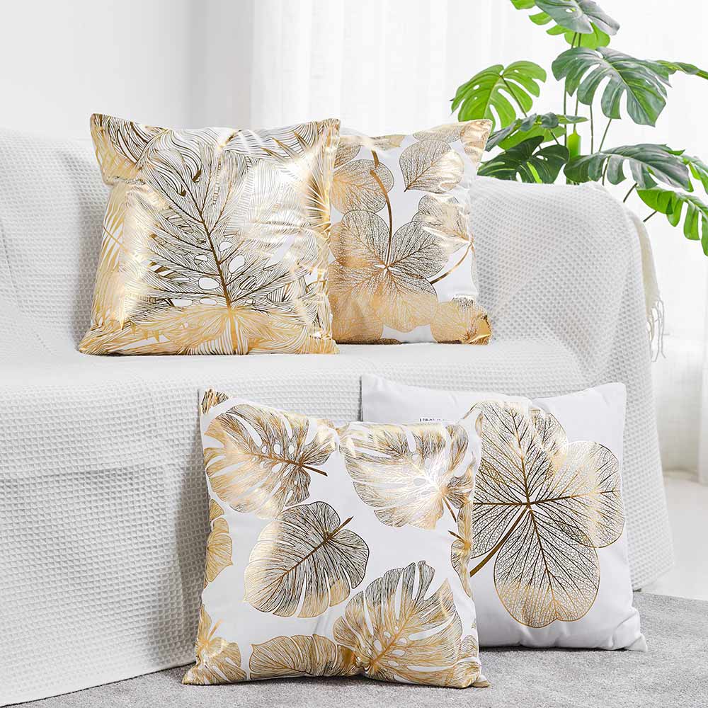 Decorative Throw Pillow Case Cushion Cover Gold Stamping Leaves ( Pack of 4 )